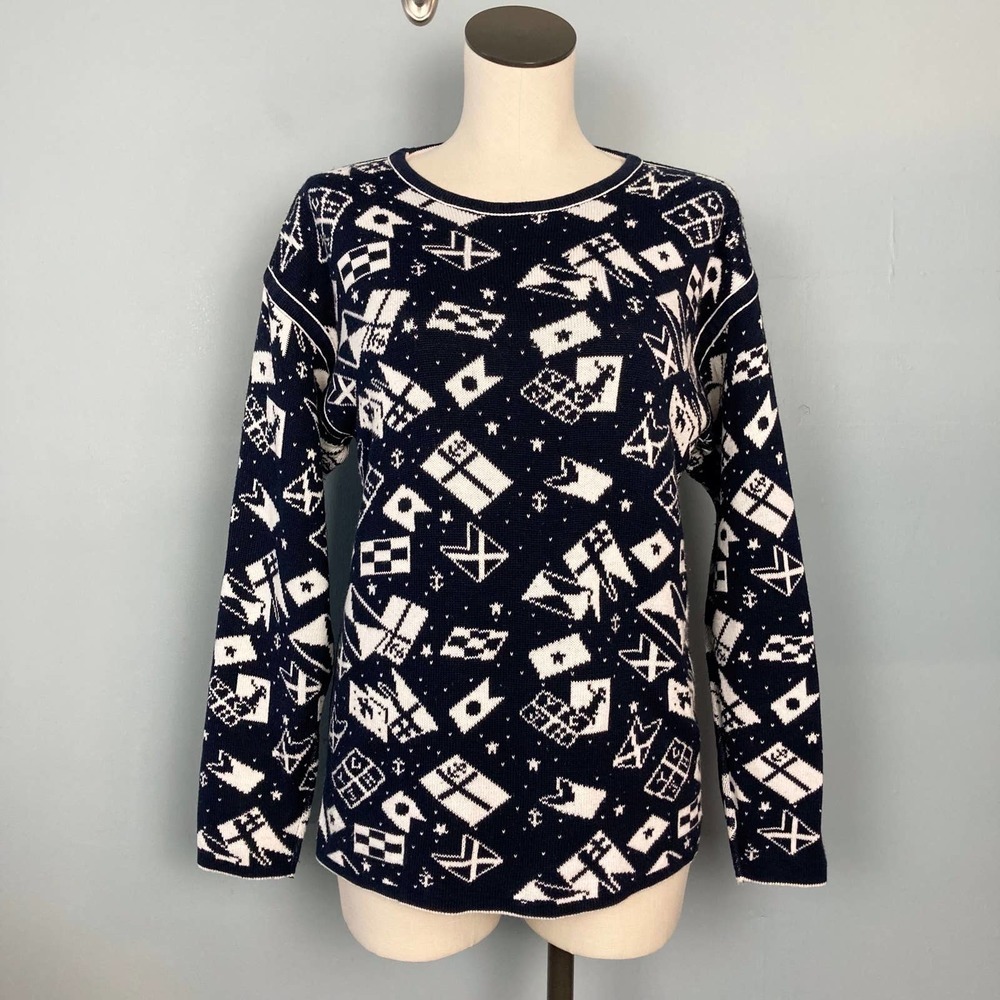 REVERSIBLE Navy Ivory Nautical Theme Knit Sweater Women's Measures Like a Medium